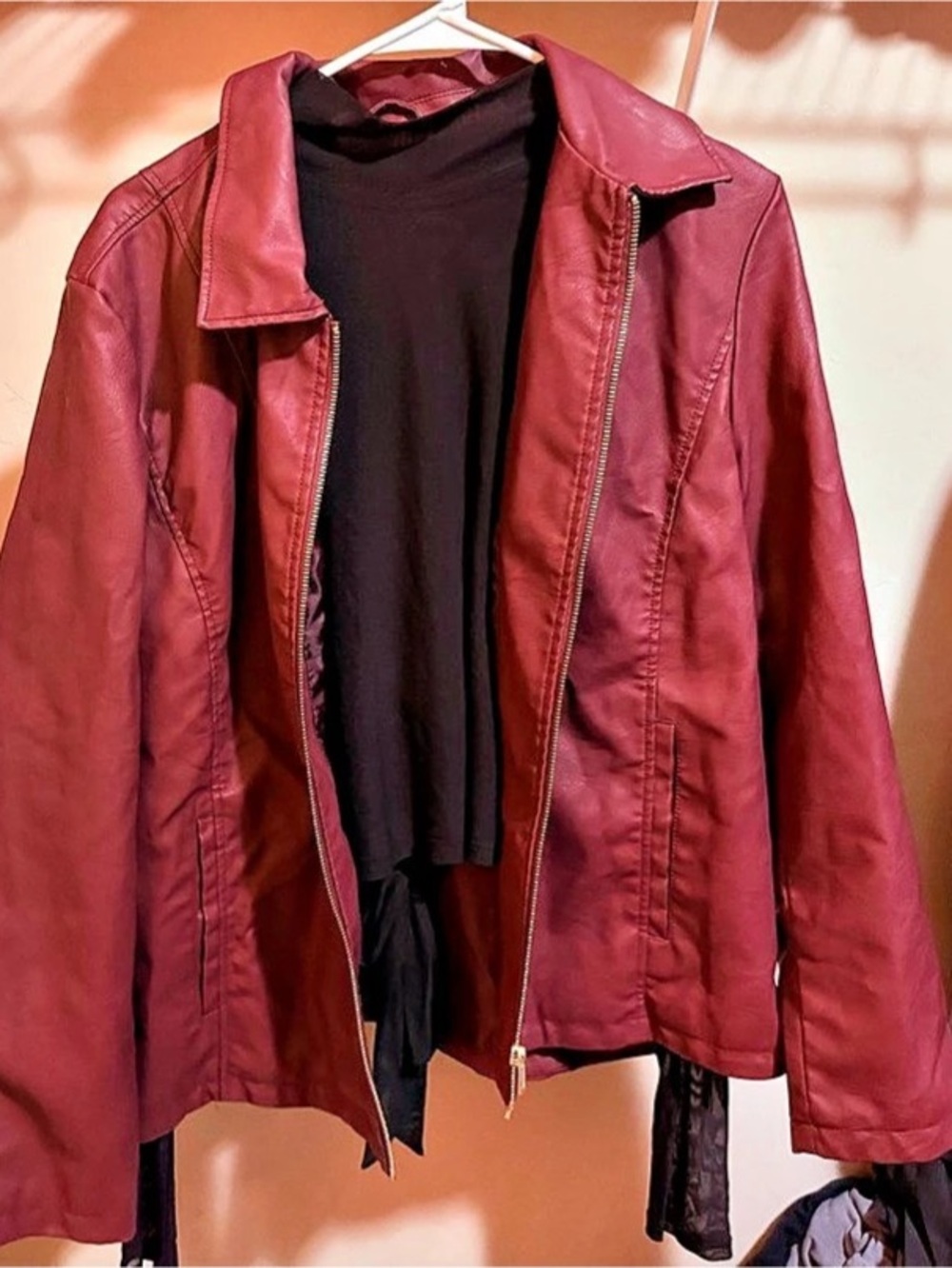 Baccini Faux Leather Jacket in color red with black top